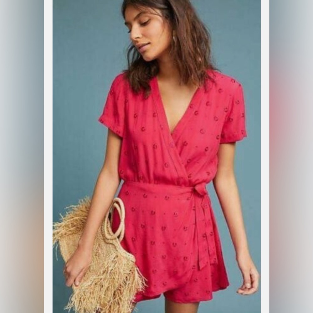 ETT:TWA By Anthro Hot Pink Greenbrier Embroidery Wrap V-Neck Romper - Picture 10 of 10